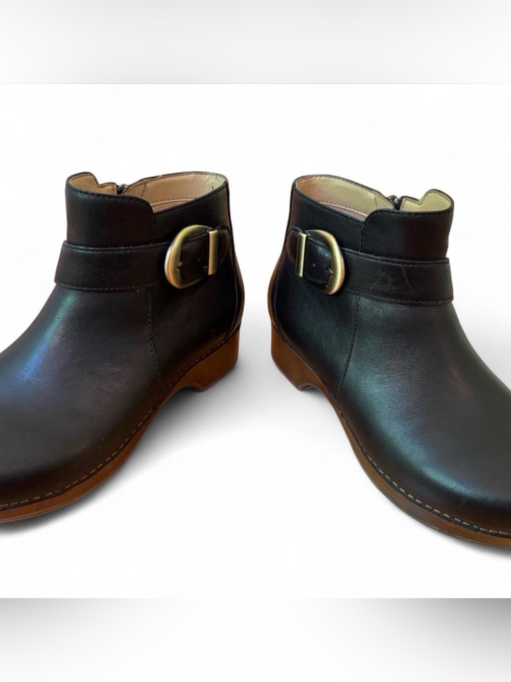 Dansko Black Leather “Brennan” Ankle Boots with Gold Buckle